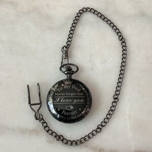 Black Engraved Pocket Watch with Chain - Sentimental Message, Brand New